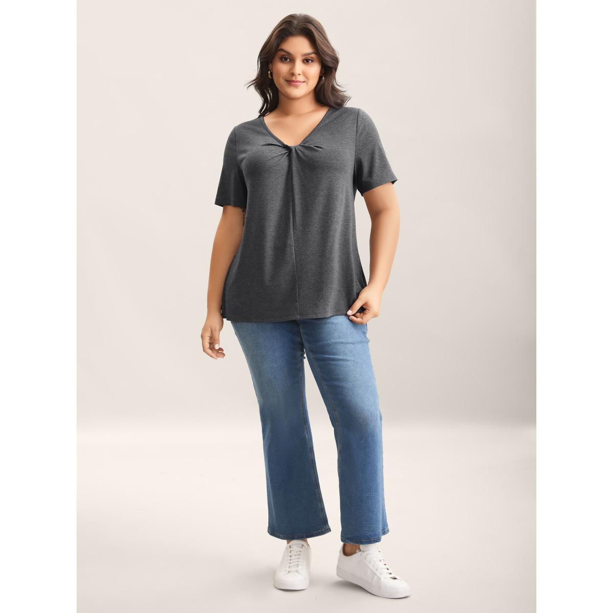 Plus Size Supersoft Cinched Neck Plain T-Shirt DimGray Women Twist Asymmetrical Neck Everyday-Casual T-shirts BloomChic 10/M Product Image