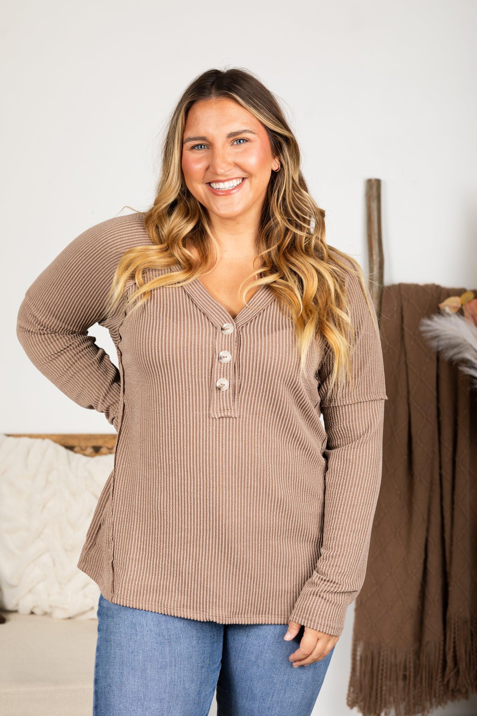 Raised Ribbed Button V-Neck Knit Top Product Image