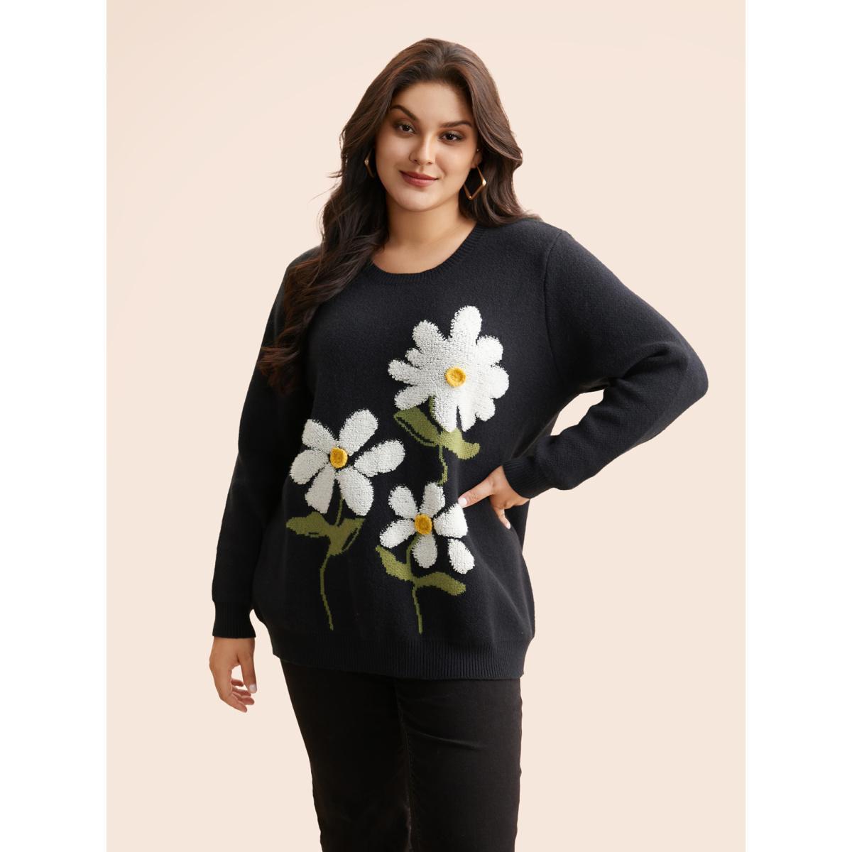 Plus Size Round Neck Floral Contrast Texture Pullover Indigo Women Casual Long Sleeve Round Neck Everyday Pullovers BloomChic 22-24/3X Product Image