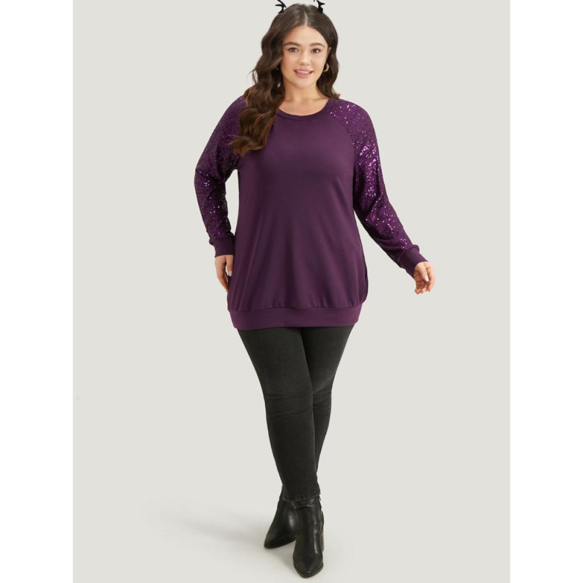 Plus Size Halloween Sequin Round Neck Raglan Sleeve Sweatshirt Women Purple Elegant Plain Round Neck Festival-Halloween Sweatshirts BloomChic 18-20/2X Product Image