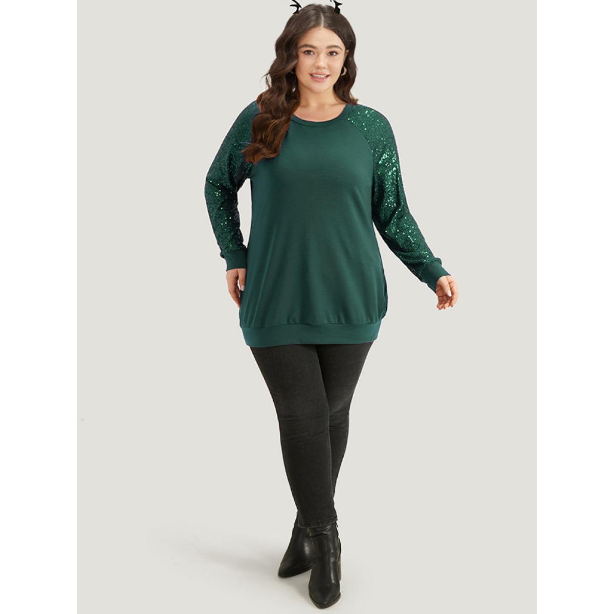 Plus Size Halloween Sequin Round Neck Raglan Sleeve Sweatshirt Women Green Elegant Plain Round Neck Festival-Halloween Sweatshirts BloomChic 22-24/3X Product Image