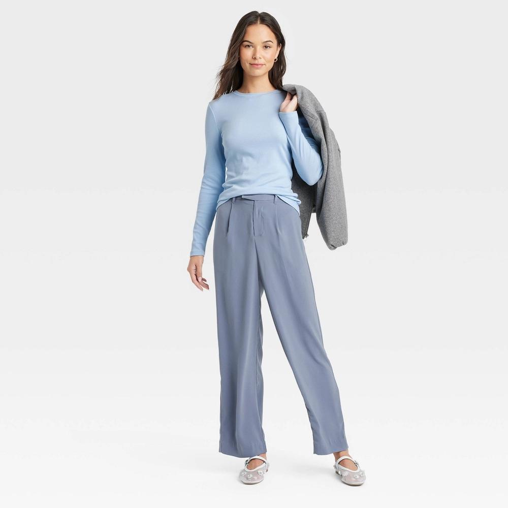 Women's Slim Fit Long Sleeve Ribbed T-Shirt - A New Day™ Blue XS Product Image