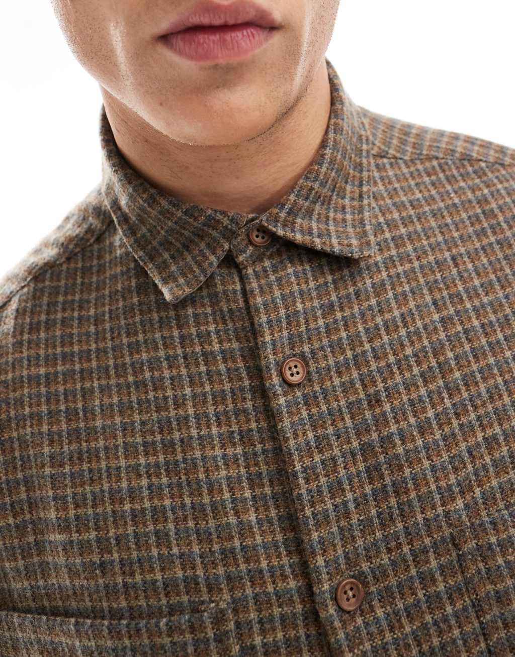 ASOS DESIGN boxy oversized wool look shirt in brown dad check Product Image