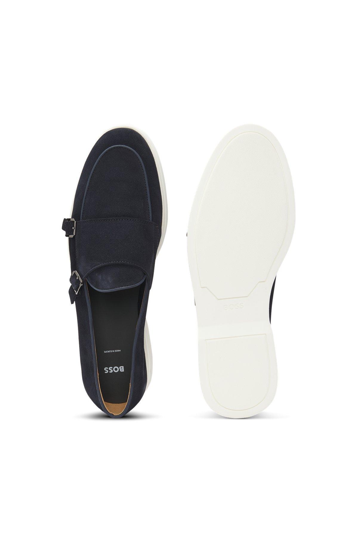 BOSS - Suede monk shoe with contrast outsole - Dark Blue Product Image
