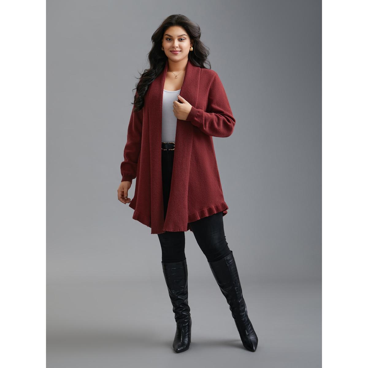 Plus Size Kimono Collar Texture Knit Ruffle Hem Cardigan Deepred Women Casual Loose Long Sleeve Everyday Cardigans BloomChic 10/M Product Image