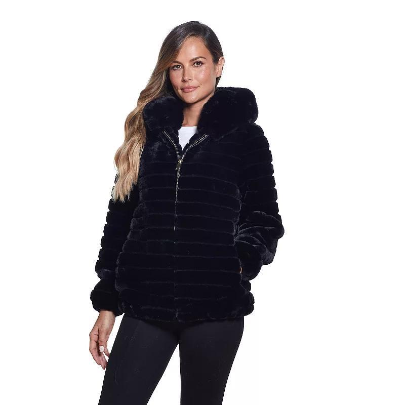 Women's Gallery Hooded Grooved Faux-Fur Jacket, Size: Small, Black Product Image