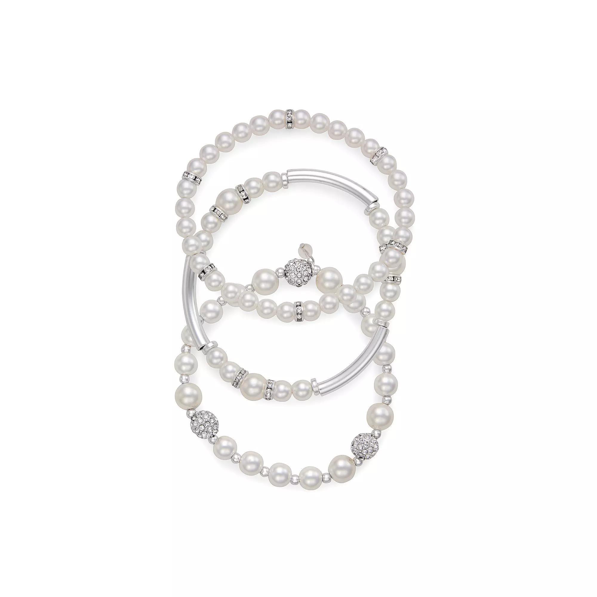 Youre Invited Silver Tone 3-Piece Crystal & Simulated Pearl Bracelet Set, Womens, White Product Image