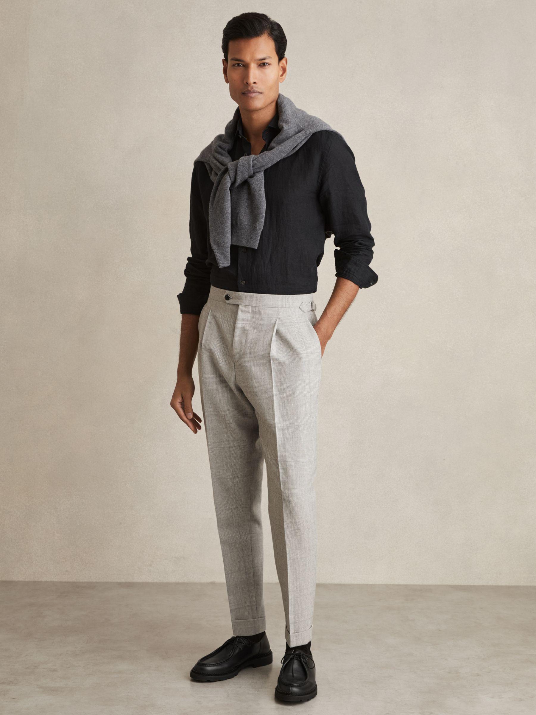 Wool-Linen Check Tapered Trousers in Soft Grey Melange Product Image