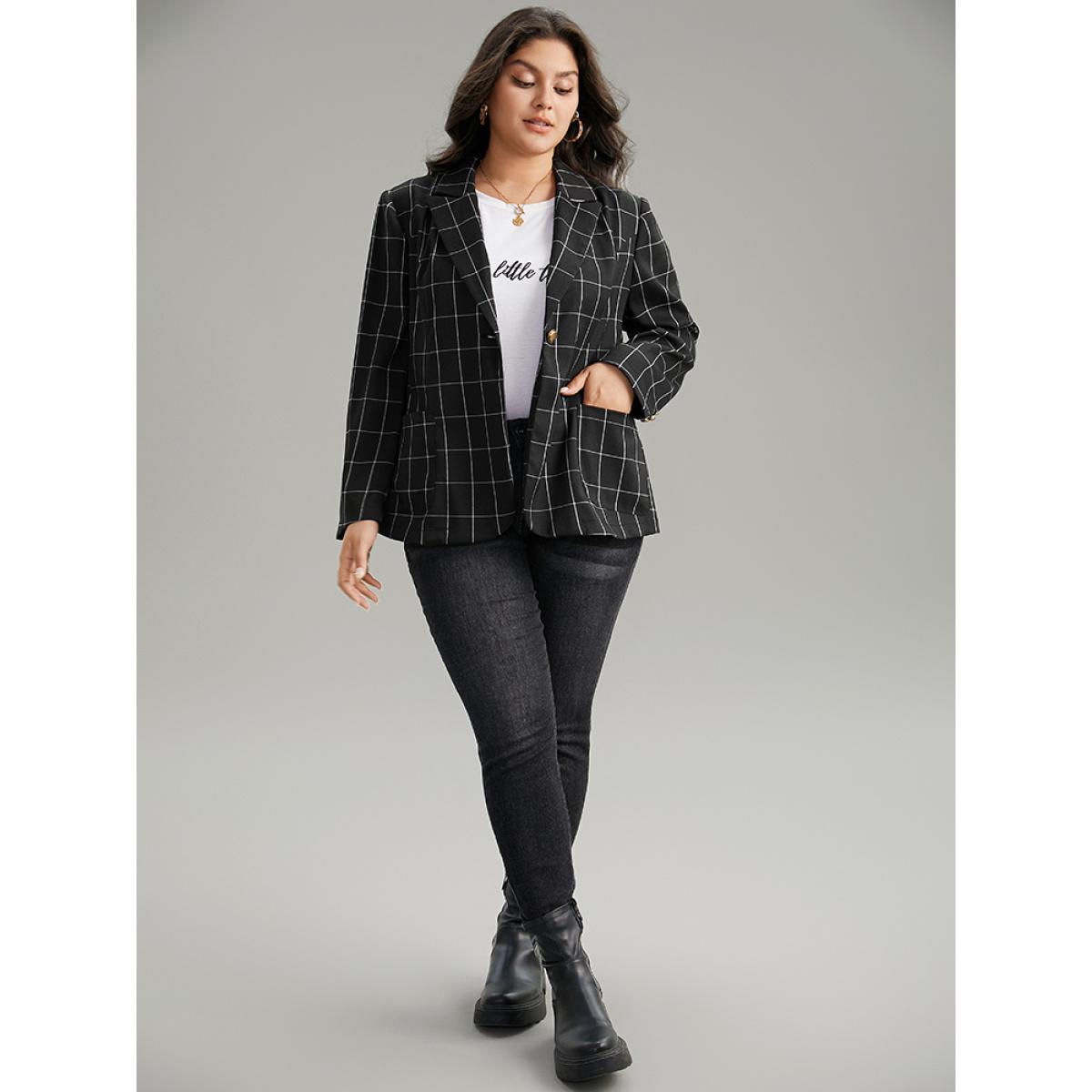 Plus Size Plaid Suit Collar Metal Detail Pocket Blazer Black Women Work Plaid Contrast Sleeve Long Sleeve Suit Collar 12/L Pocket Work From Home Blazers BloomChic Product Image