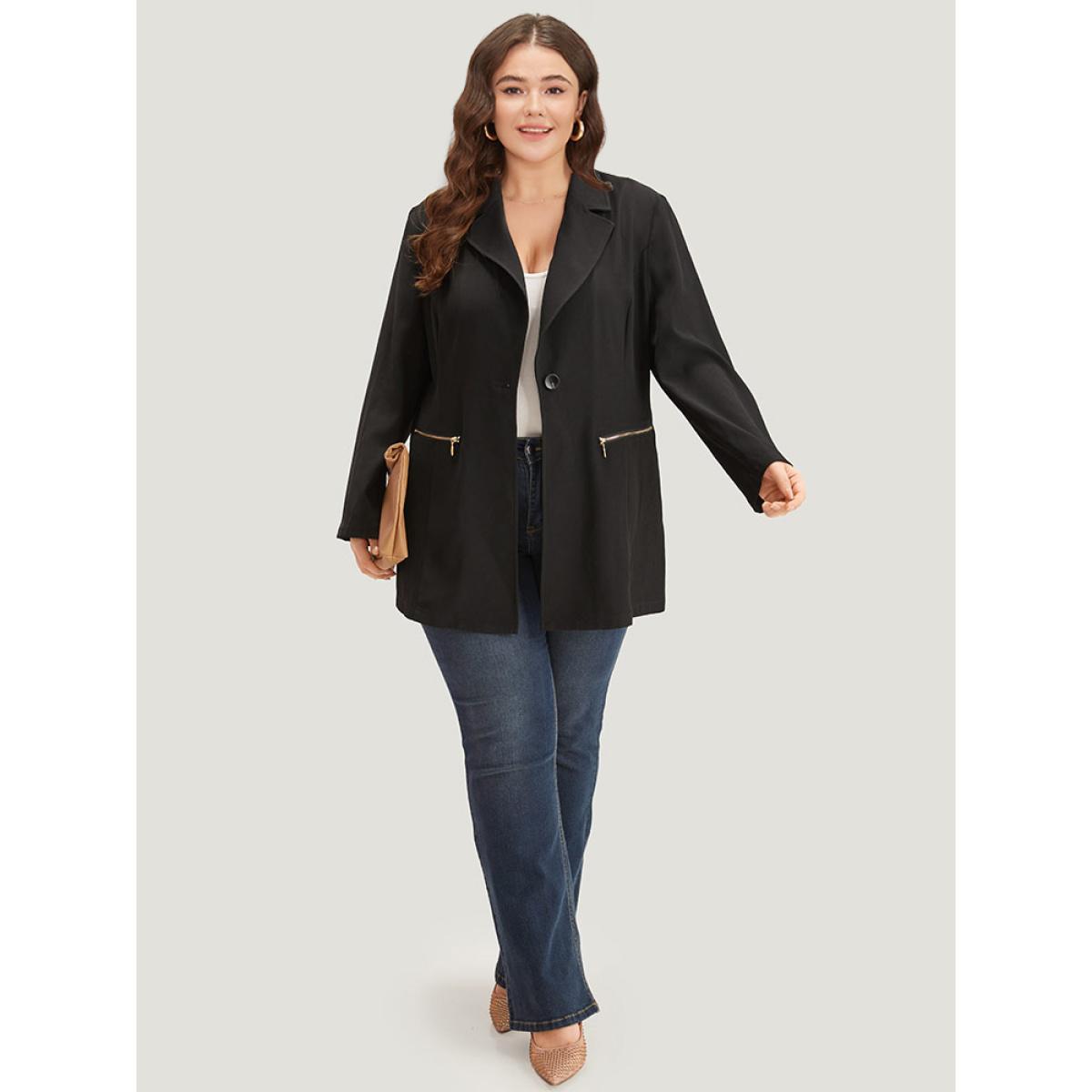 Plus Size Lapel Collar Zipper Button Up Blazer Black Women Work Plain Plain Sleeve Long Sleeve Lapel Collar 26/4X Pocket Office Blazers BloomChic Product Image