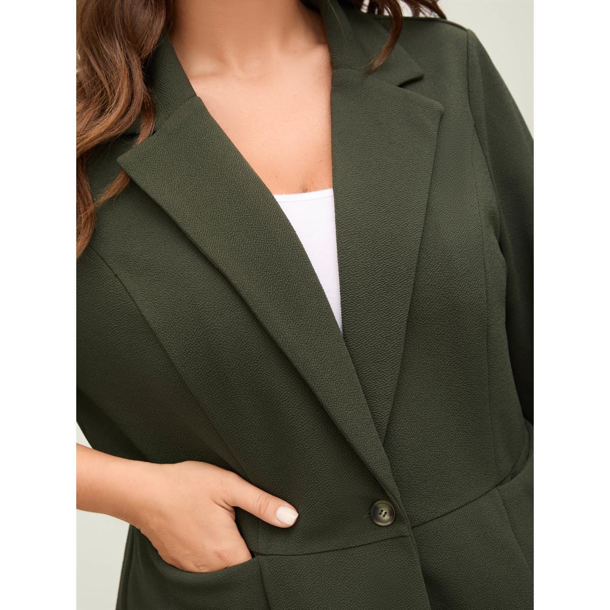 Plus Size Stretchy Textured Cinched Flared Waist Blazer ArmyGreen Women Work Texture Sleeve Elbow-length sleeve Suit Collar 18-20/2X Single-flap pocket Blazers BloomChic Product Image