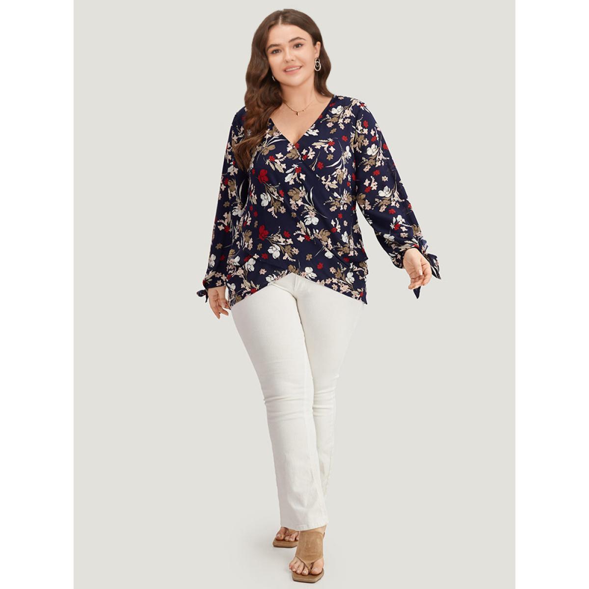 Plus Size Indigo Floral V Neck Wrap Twist Sleeve Blouse Women Elegant Long Sleeve V-neck Dailywear Blouses BloomChic 10/M Product Image