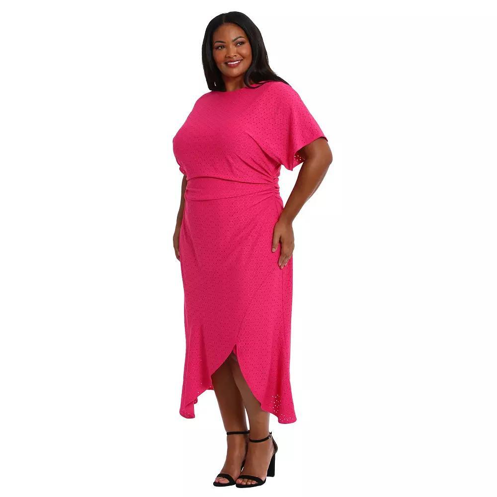 Plus Size London Times Eyelet Asymmetric Hem Midi Dress, Womens Pink Product Image
