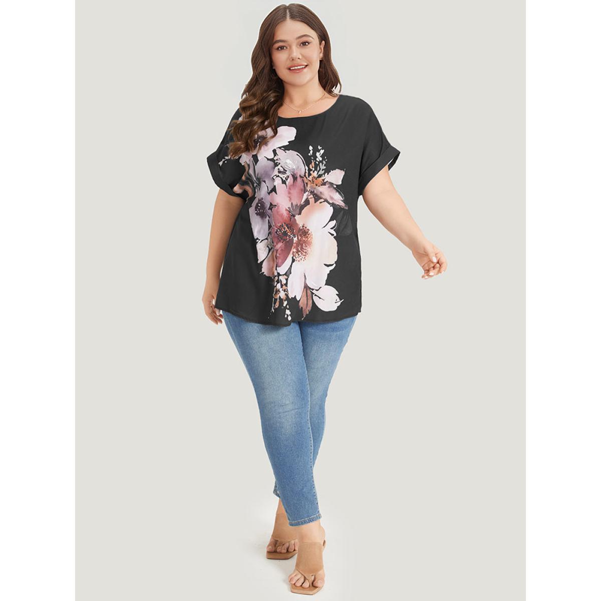 Plus Size Black Floral Print Crew Neck Roll Dolman Sleeve Blouse Women Elegant Short sleeve Round Neck Dailywear Blouses BloomChic 22-24/3X Product Image