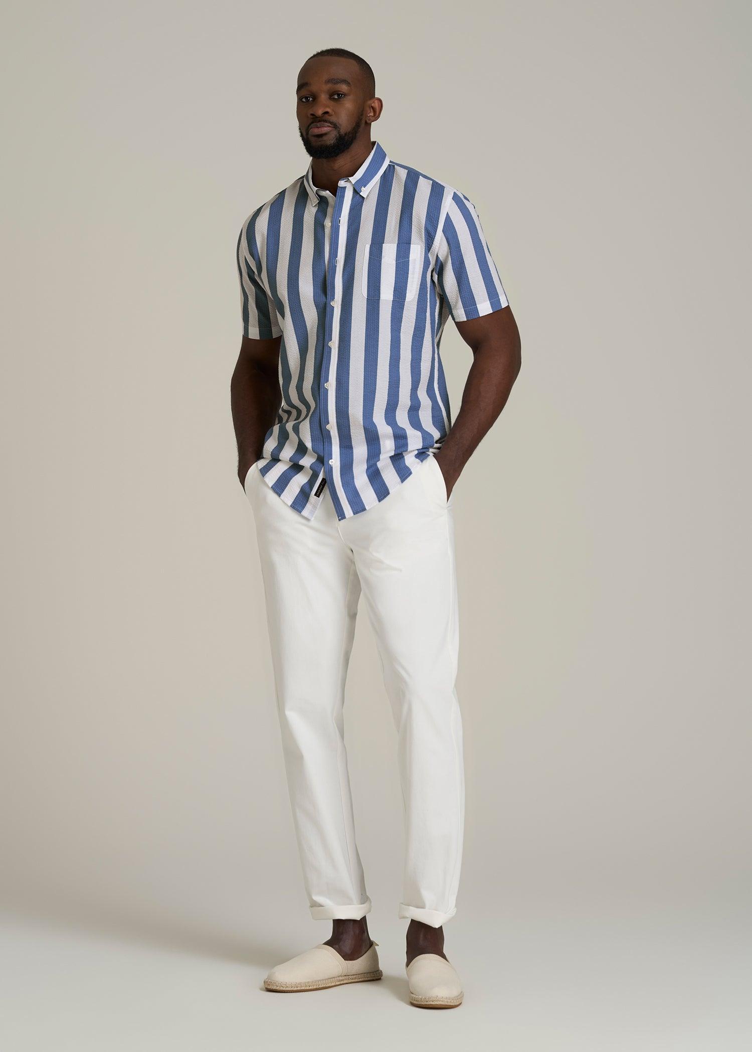 Seersucker Tall Men's Short Sleeve Shirt in Periwinkle Blue Stripe Product Image