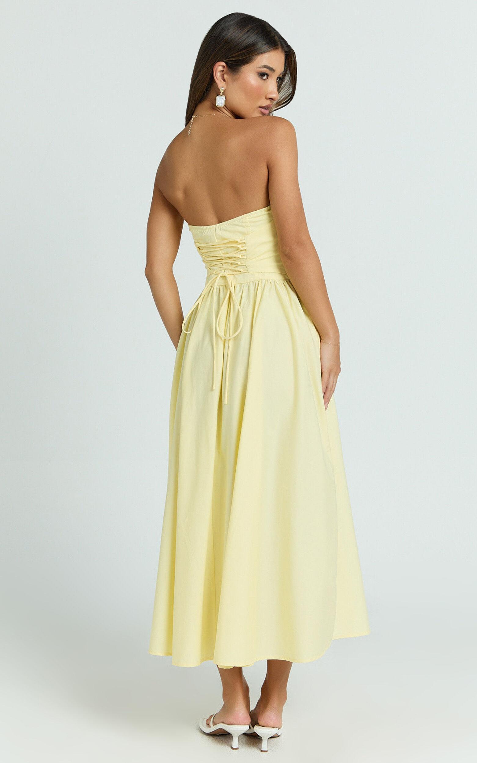Daria Midi Dress - Strapless Corset Gathered Dress in Lemon Product Image