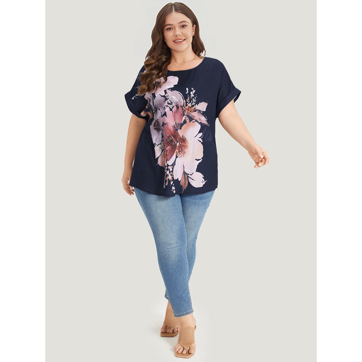 Plus Size Black Floral Print Crew Neck Roll Dolman Sleeve Blouse Women Elegant Short sleeve Round Neck Dailywear Blouses BloomChic 22-24/3X Product Image