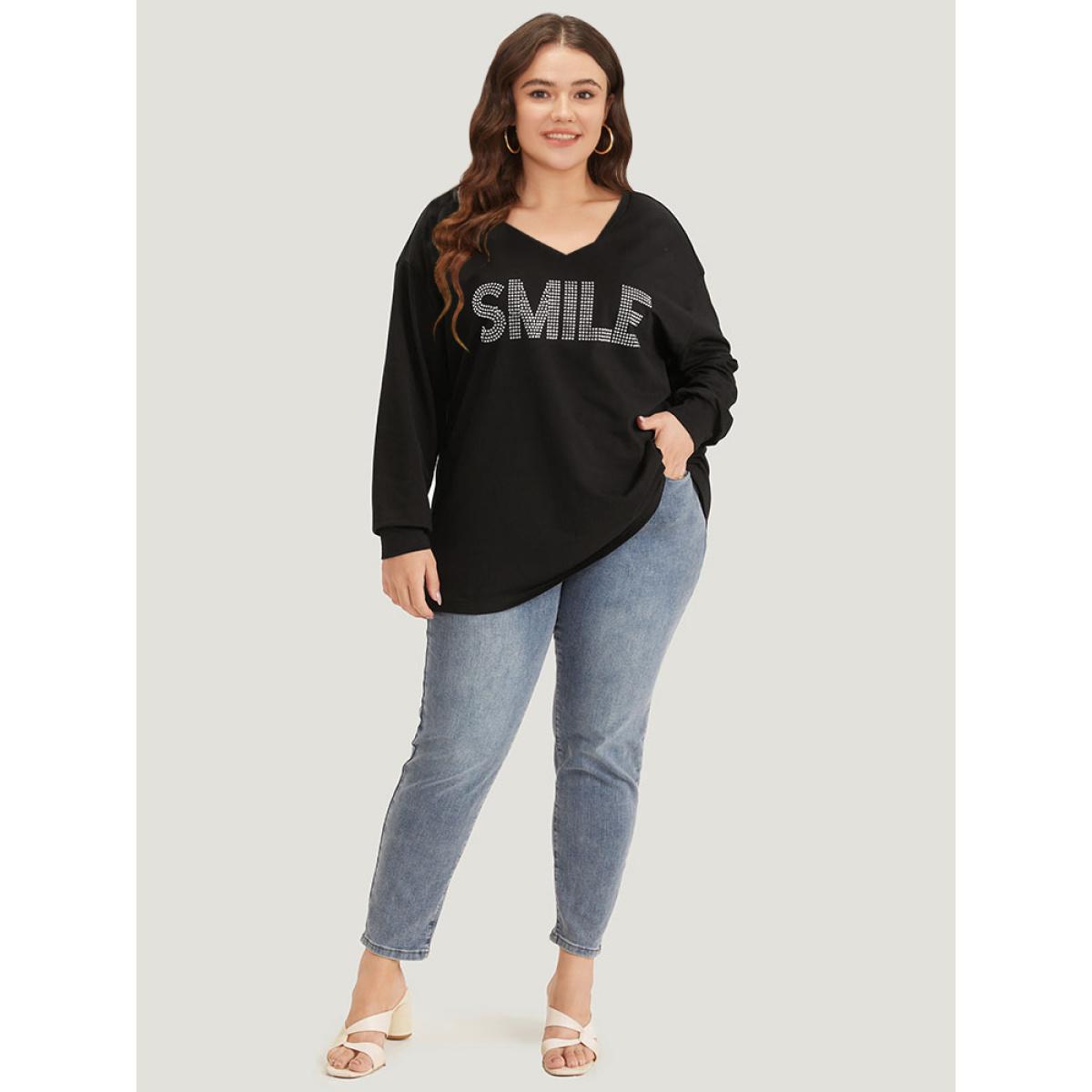 Plus Size Letter Print Rhinestone V Neck Elastic cuffs Sweatshirt Women Black Elegant Elastic cuffs Dailywear Sweatshirts BloomChic 18-20/2X Product Image