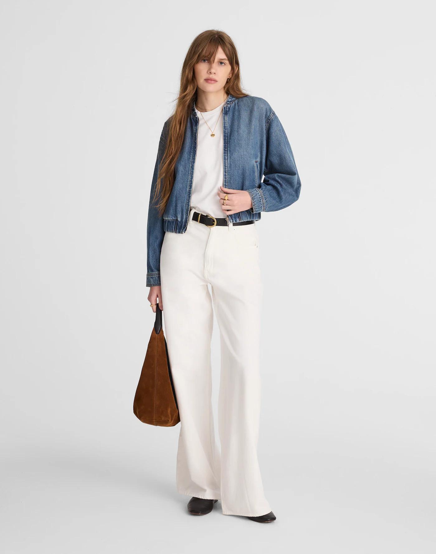 Denim Zip-Up Bomber Jacket Product Image