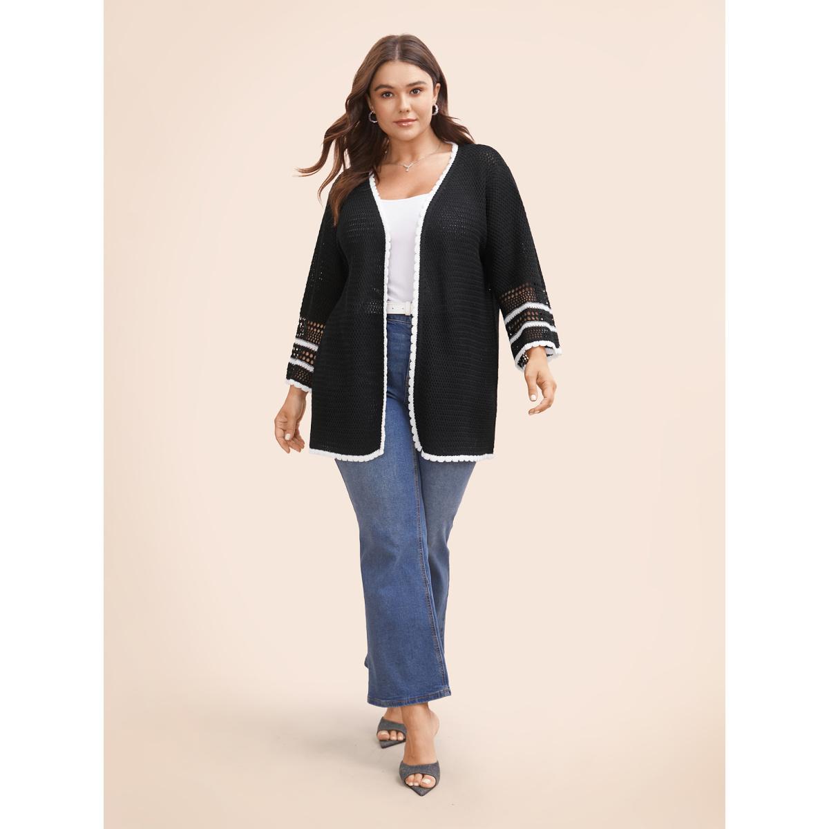 Plus Size Solid Contrast Trim Bell Sleeve Cardigan Black Women Beach Loose Elbow-length sleeve Vacation Cardigans BloomChic 30/6X Product Image
