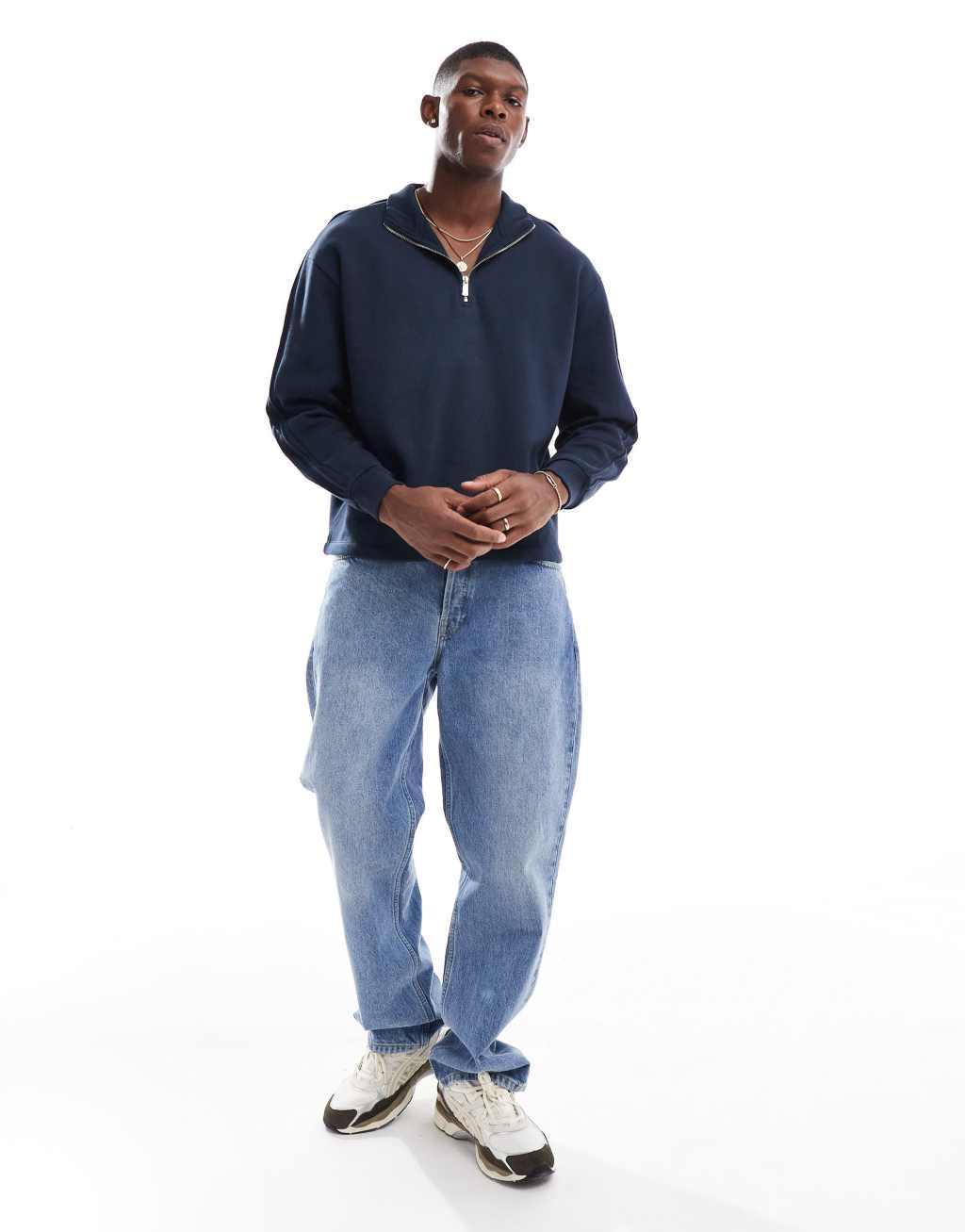 ASOS DESIGN oversized half zip funnel neck sweatshirt in navy Product Image