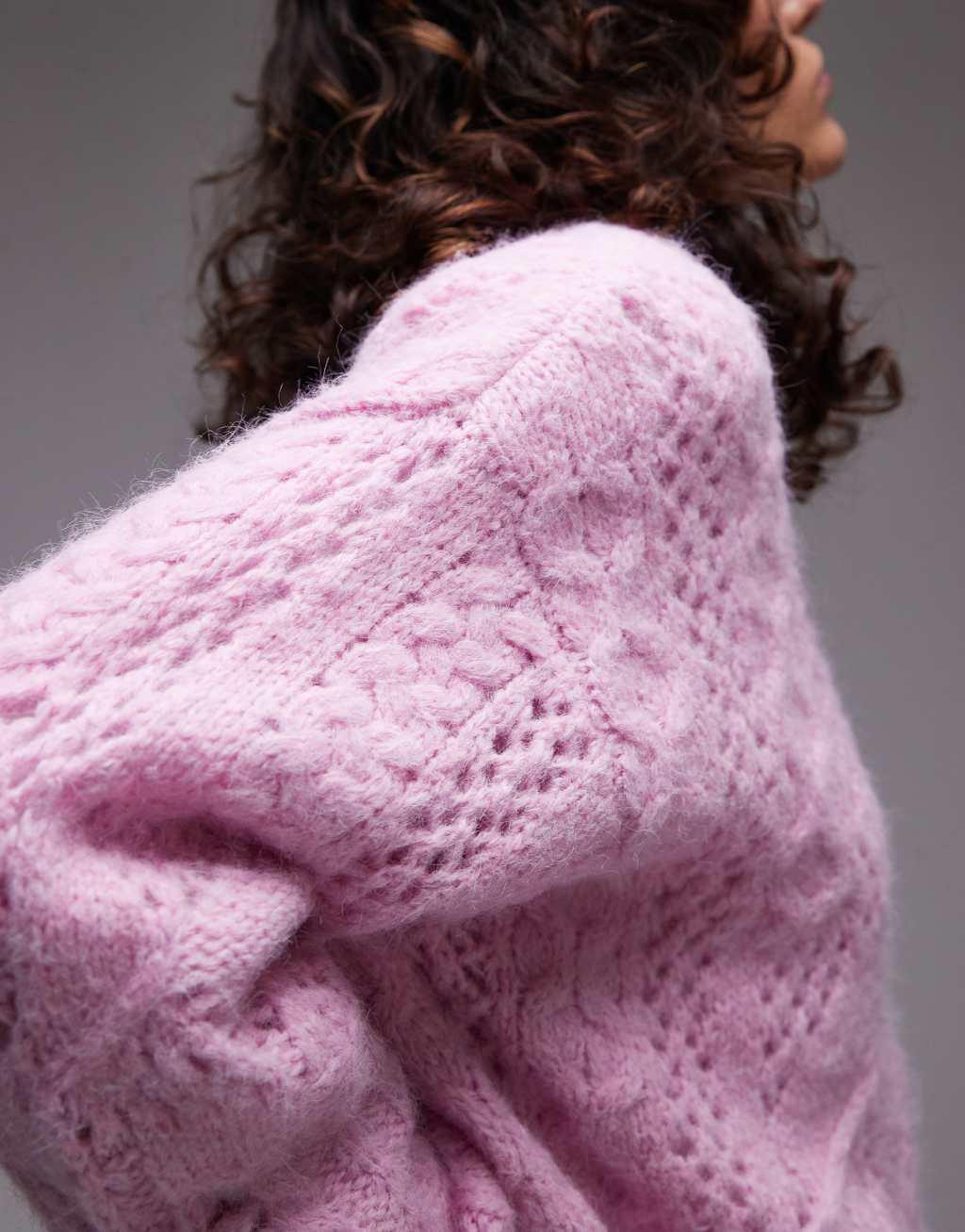 Topshop lofty cable knit relaxed sweater in pink Product Image