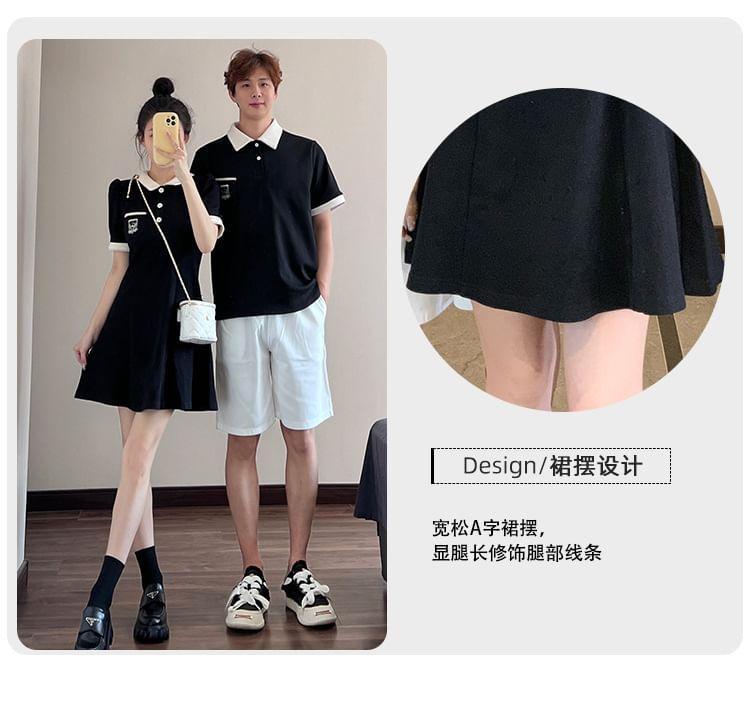 Couple Matching Short-Sleeve Collar Logo Contrast Trim Mini A-Line Dress / Polo Shirt / Mid Rise Plain Shorts Product Image