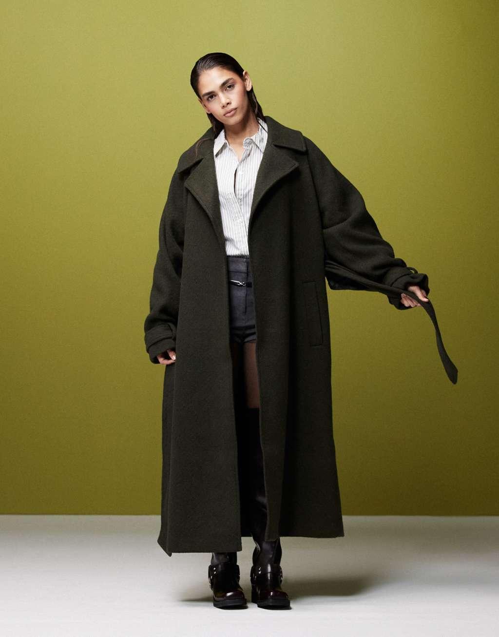 ASOS DESIGN cape detail longline coat in khaki Product Image