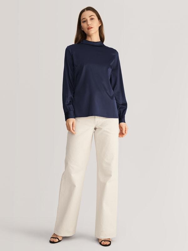 Stand Collar Long Sleeves  Silk Blouse Product Image