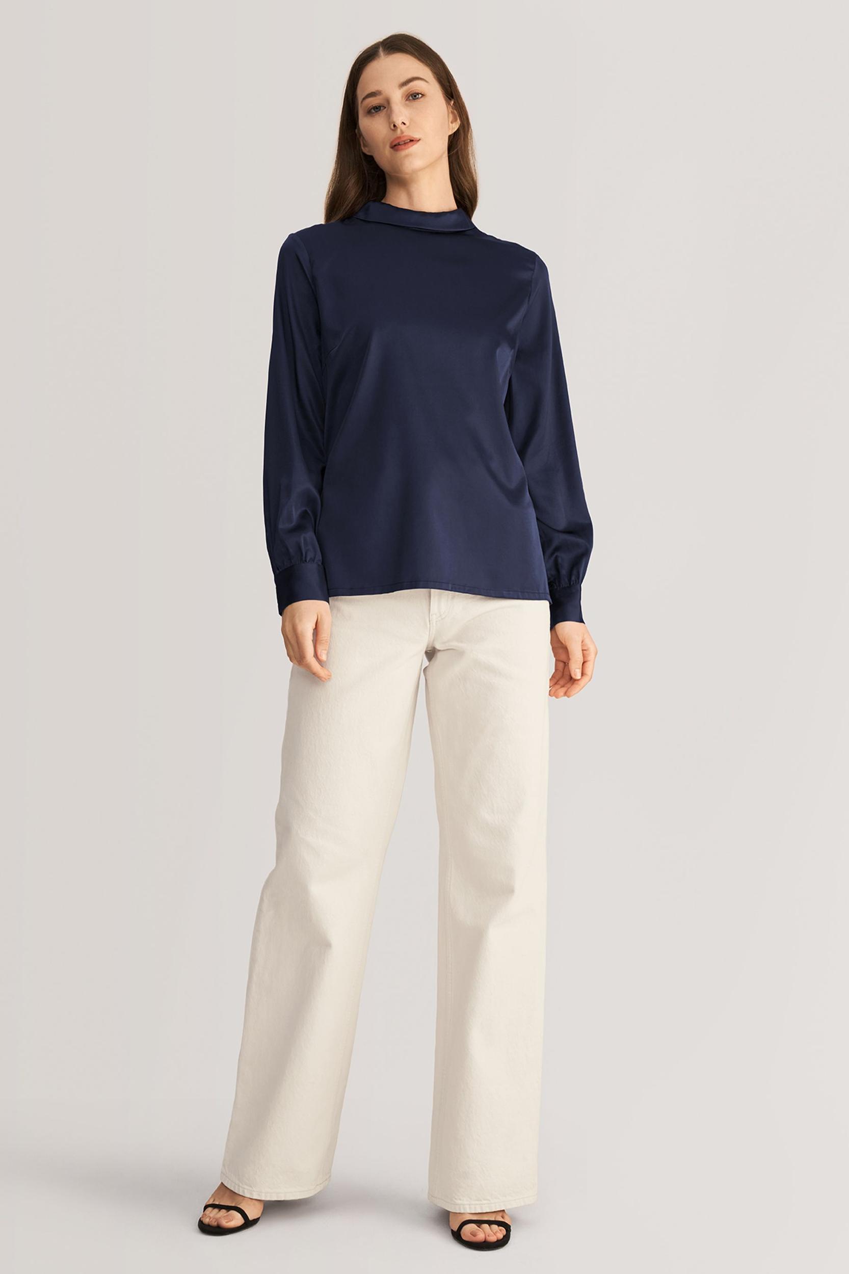 Stand Collar Long Sleeves  Silk Blouse Product Image