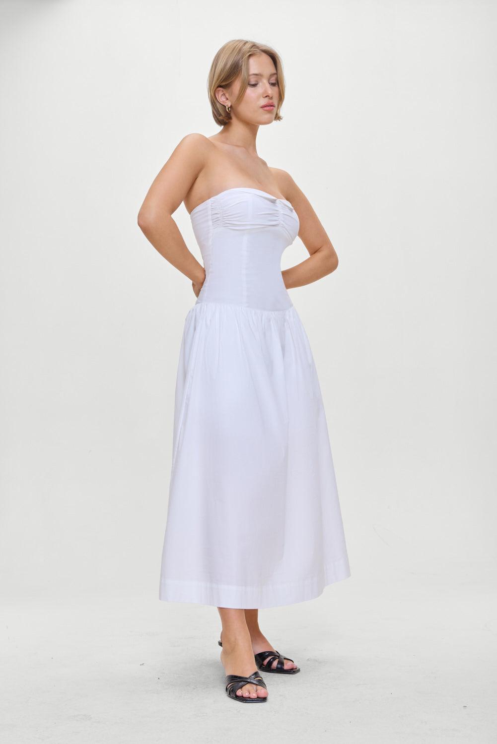 Horizon Strapless Collared Midi Dress - White Product Image