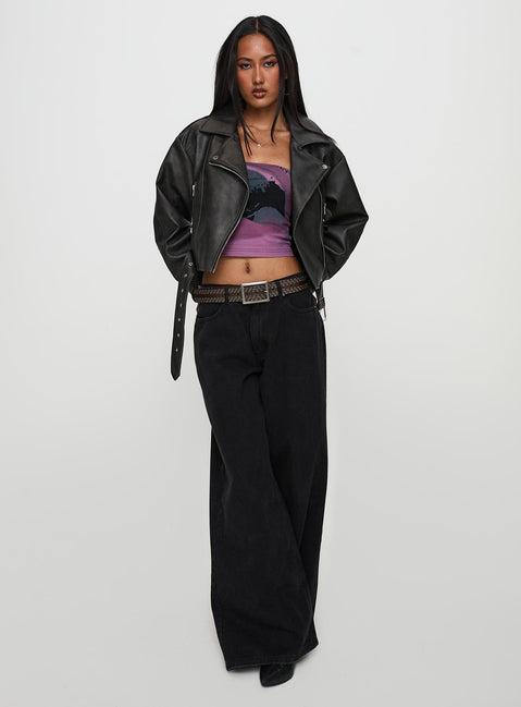 Face The Wind Faux Leather Jacket Grey Product Image