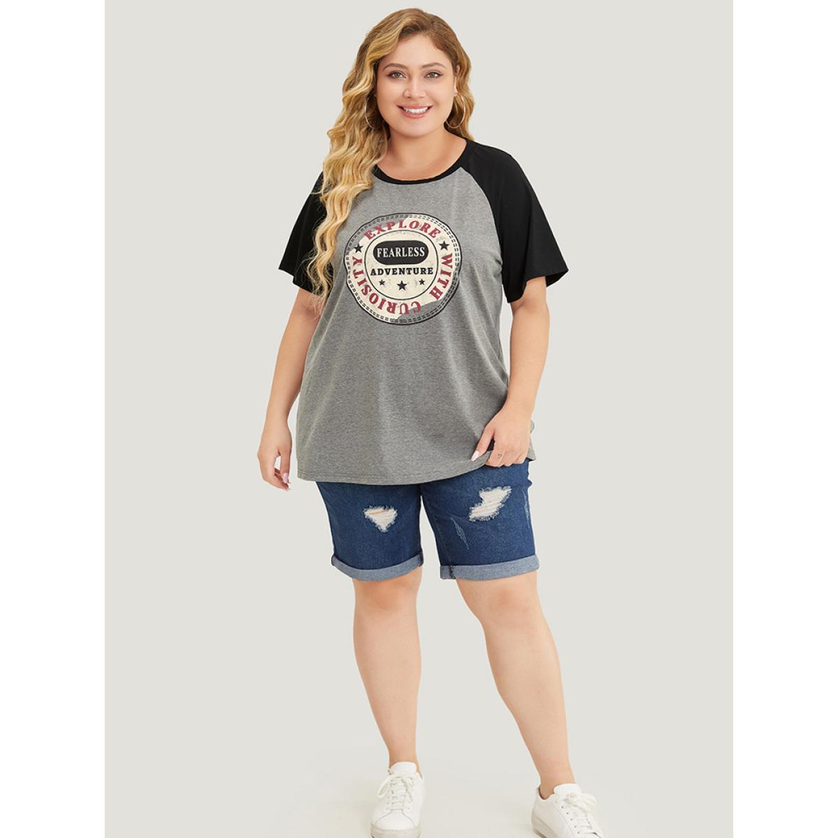 Plus Size Graphic Print Contrast Raglan Sleeve T-shirt Gray Women Casual Contrast Area Dailywear T-shirts BloomChic 18-20/2X Product Image