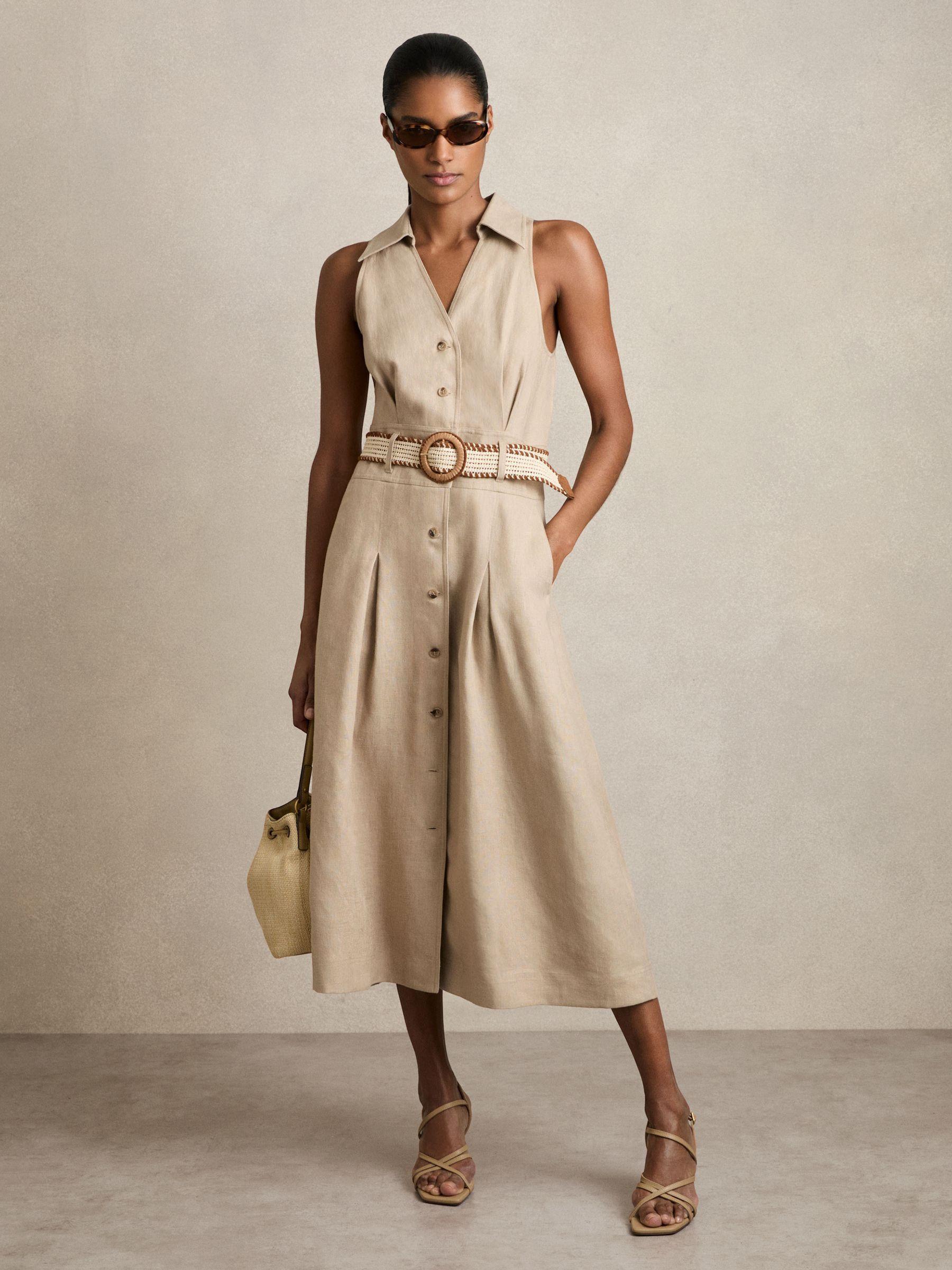 Petite Linen Belted Sleeveless Midi Dress in Neutral Product Image
