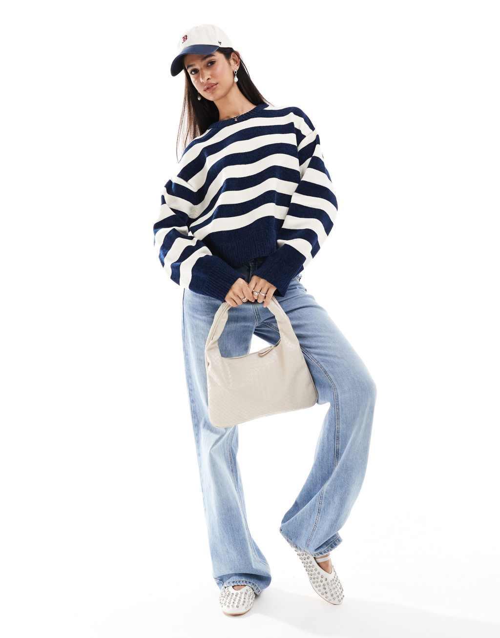 Bershka chunky crew neck sweater in navy & white stripe Product Image