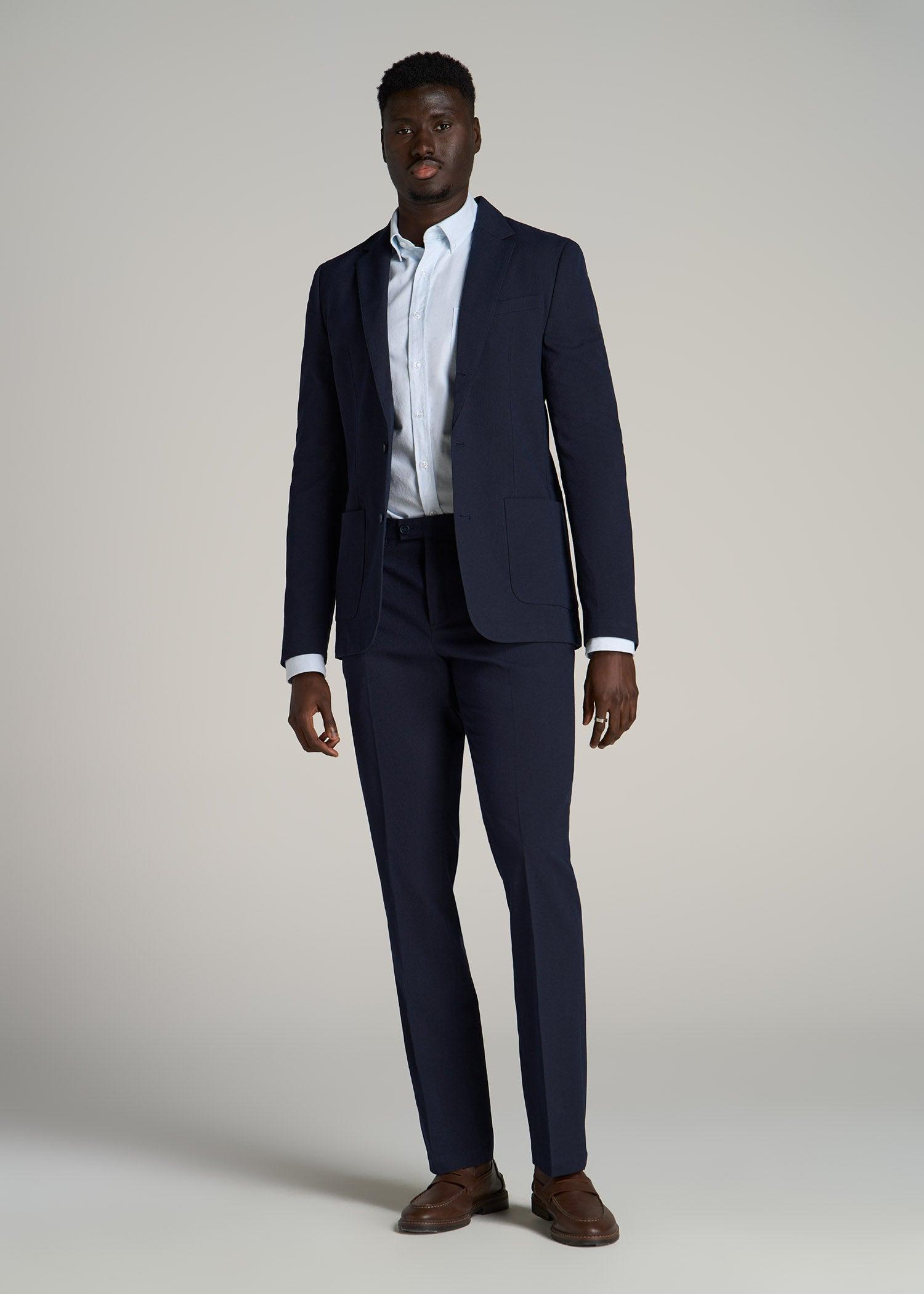 Textured Garment Washed Stretch Cotton Suit Pants for Tall Men in Desert Khaki Product Image