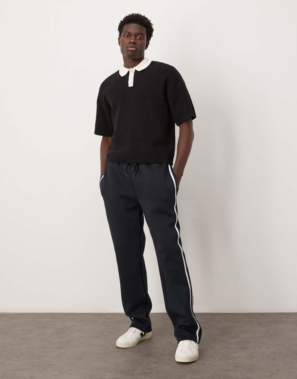 ASOS DESIGN relaxed boxy fit knitted polo with 3/4 length sleeves in black Product Image
