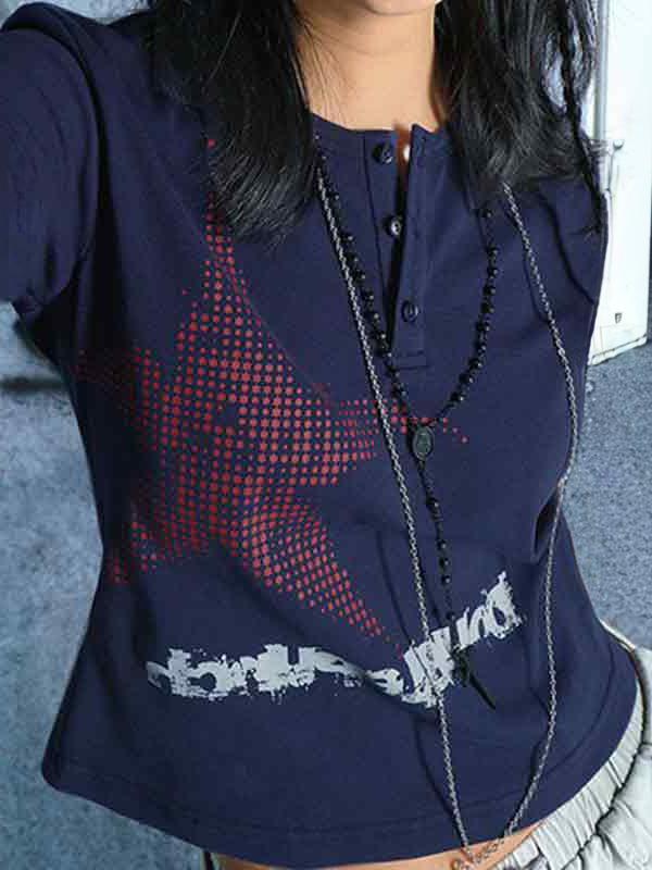 Vintage Print Button Long Sleeve Tee Product Image