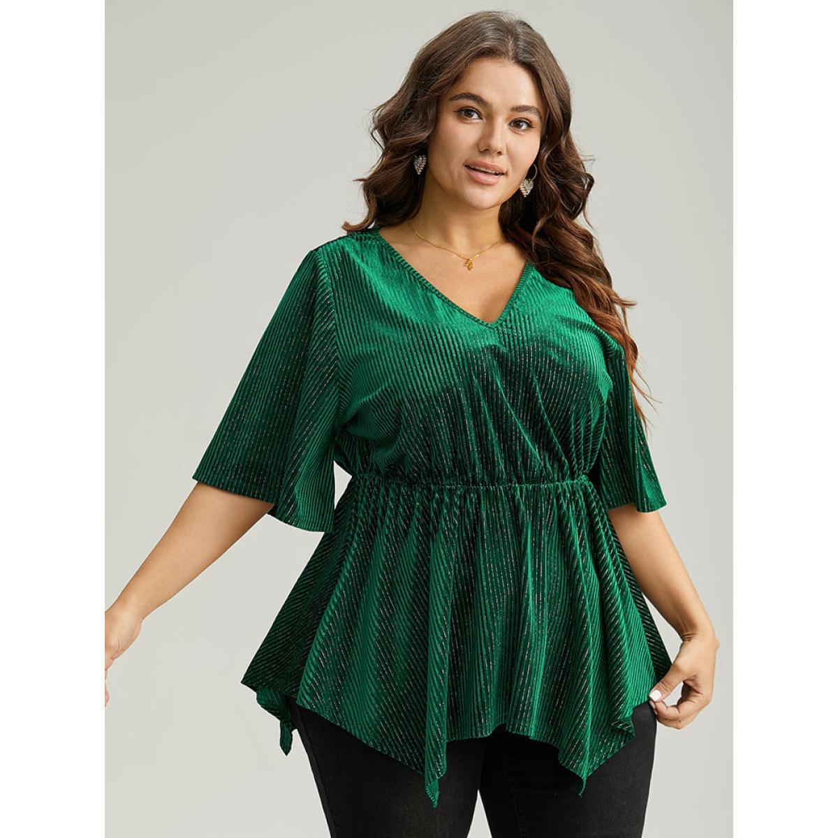 Plus Size DarkGreen Velvet Elastic Waist Ruffle Sleeve Hanky Hem Blouse Women Glamour Short sleeve V-neck Festival-Christmas Blouses BloomChic 10/M Product Image