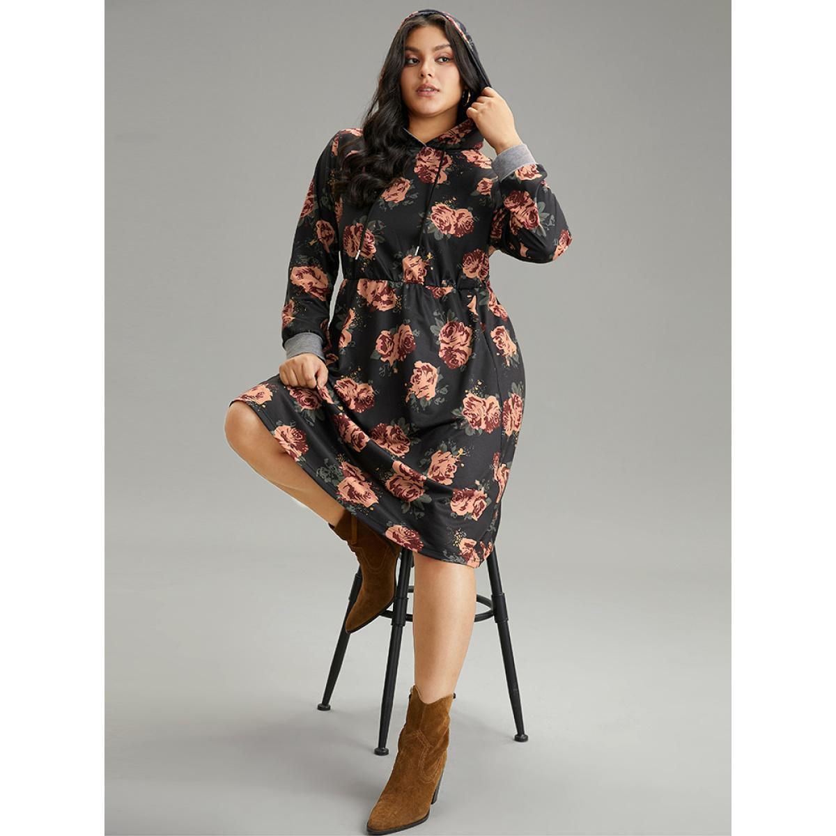 Plus Size Floral Elastic Waist Hooded Drawstring Pocket Dress Black Women Casual Printed Hooded Long Sleeve Curvy Midi Dress BloomChic 12/L Product Image