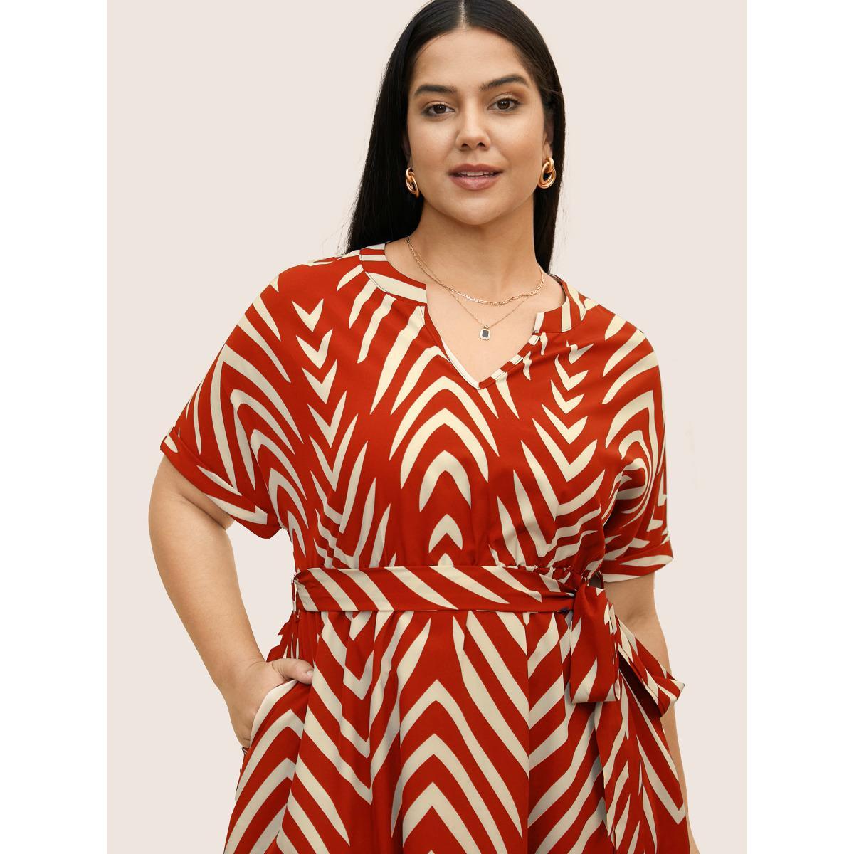 Plus Size Geometric Belted Dolman Sleeve Curved Hem Dress Rust Women At the Office Flat collar with V-notch Short sleeve Curvy BloomChic 22-24/3X Product Image