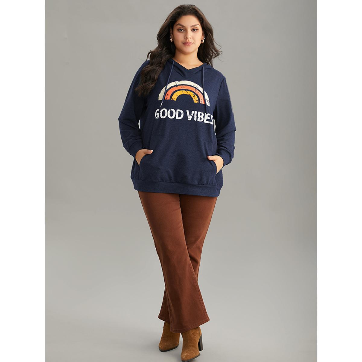Plus Size Rainbow Print Kangaroo Pocket Hooded Sweatshirt Women Indigo Casual Printed Everyday Sweatshirts BloomChic 26/4X Product Image