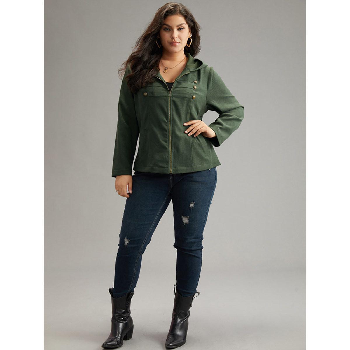 Plus Size Solid Metal Detail Hooded Zipper Jacket Women ArmyGreen Casual Plain Ladies Everyday Winter Coats BloomChic 30/6X Product Image