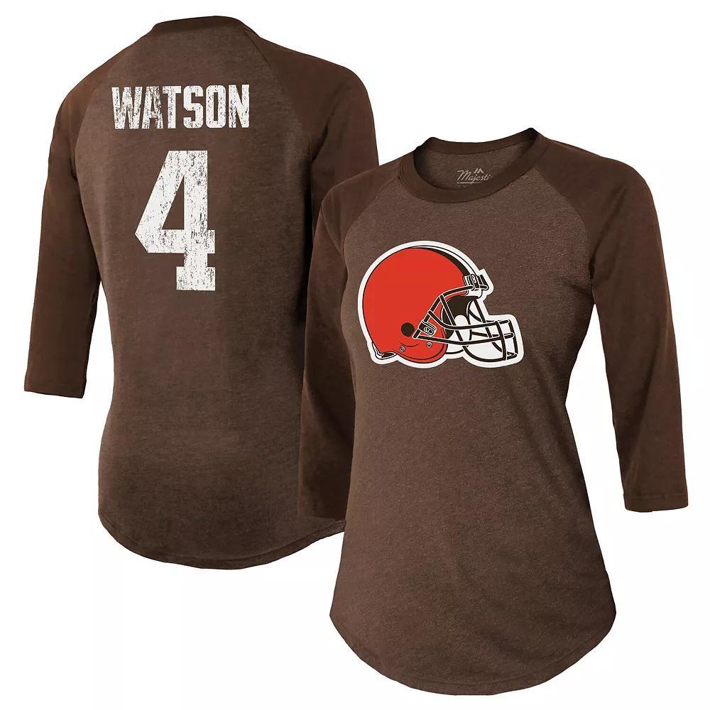 Women's Majestic Threads Deshaun Watson Brown Cleveland Browns Name & Number Raglan 3/4 Sleeve T-Shirt, Size: 2XL Product Image