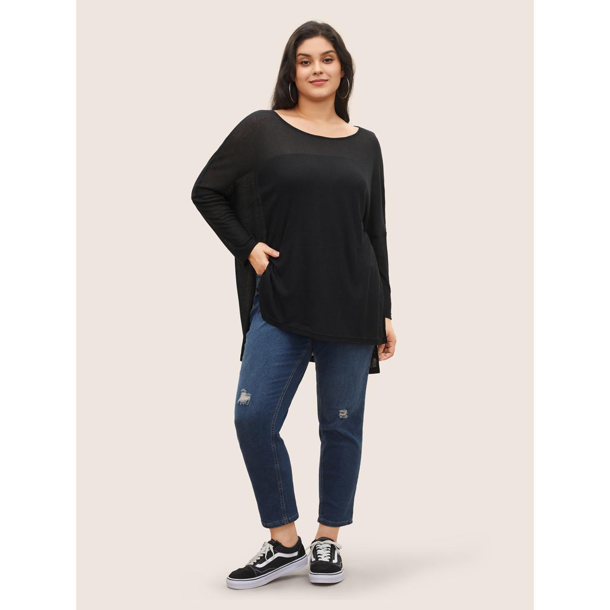Plus Size Plain Mesh Split Side Long Sleeve T-shirt Black Women Casual Slit Round Neck Everyday T-shirts BloomChic 26/4X Product Image