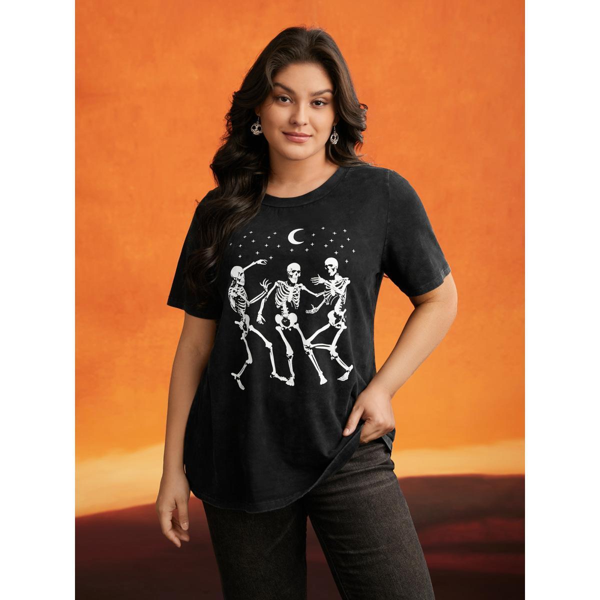 Plus Size Dancing Skeletons Printed Crew Neck T-shirt Acidwashblack Women Casual Non Halloween Round Neck Everyday T-shirts BloomChic 14-16/1X Product Image