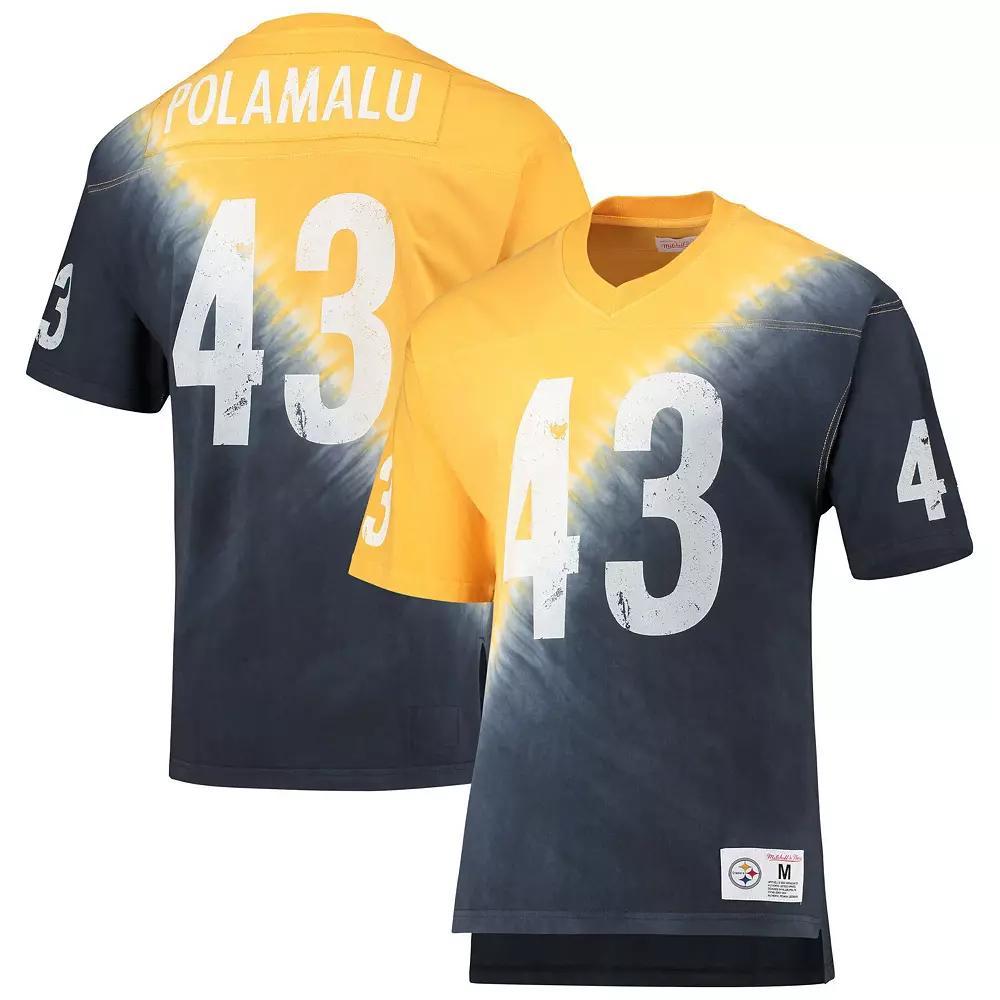 Men's Mitchell & Ness Troy Polamalu Gold/Black Pittsburgh Steelers Retired Player Name & Number Diagonal Tie-Dye V-Neck T-Shirt, Size: Large Product Image
