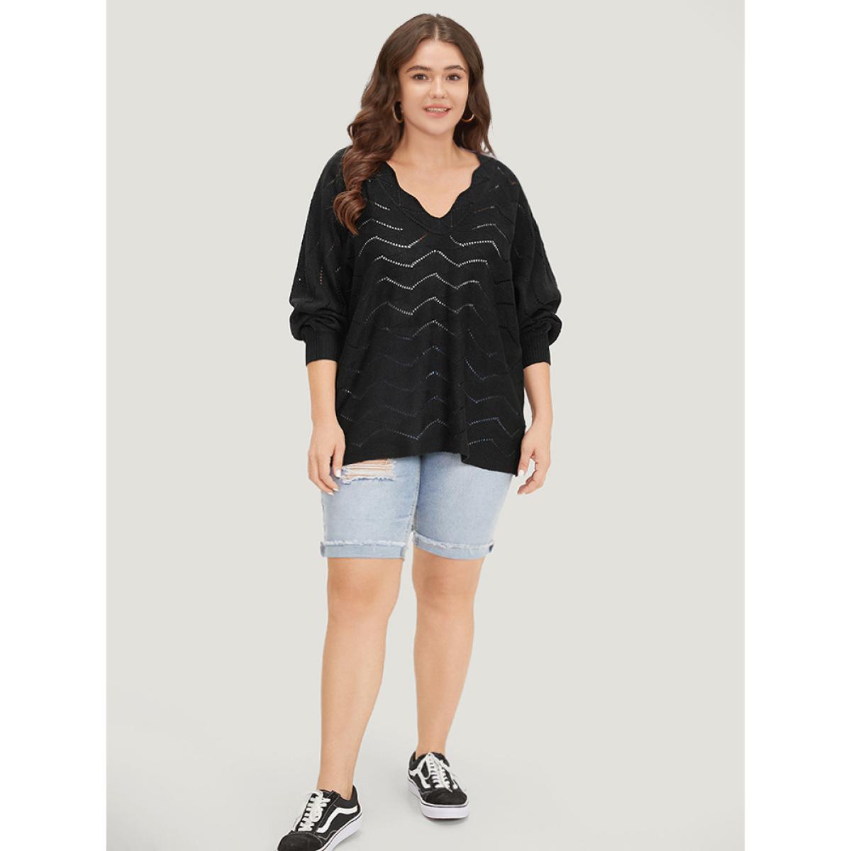 Plus Size Plain Geometric Eyelet Elastic Cuffs Patchwork Pullover Black Women Casual Loose Long Sleeve V-neck Dailywear Pullovers BloomChic 30/6X Product Image