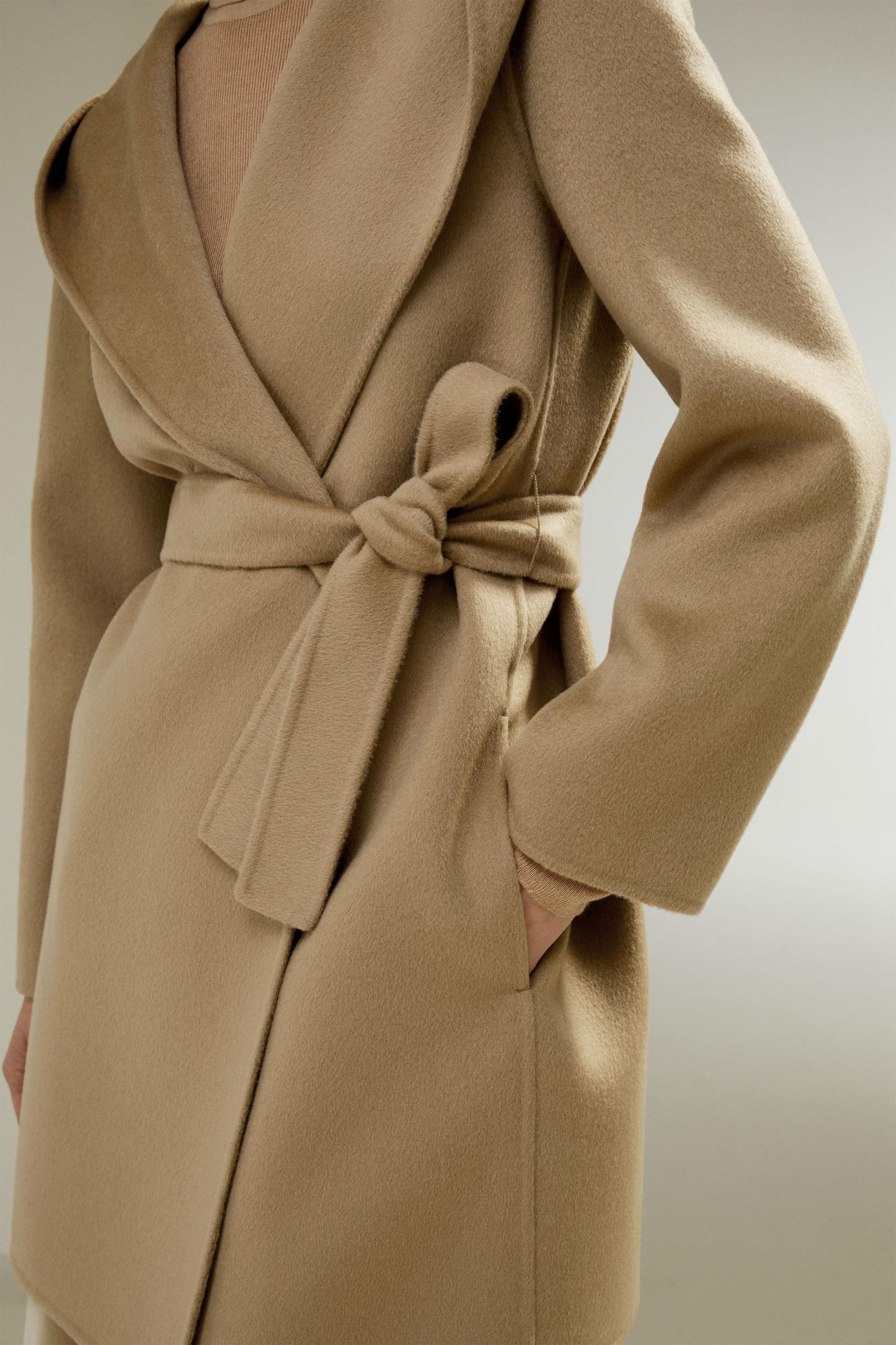 Cashmere-Wool-Blend Belted Short Hooded Coat Product Image