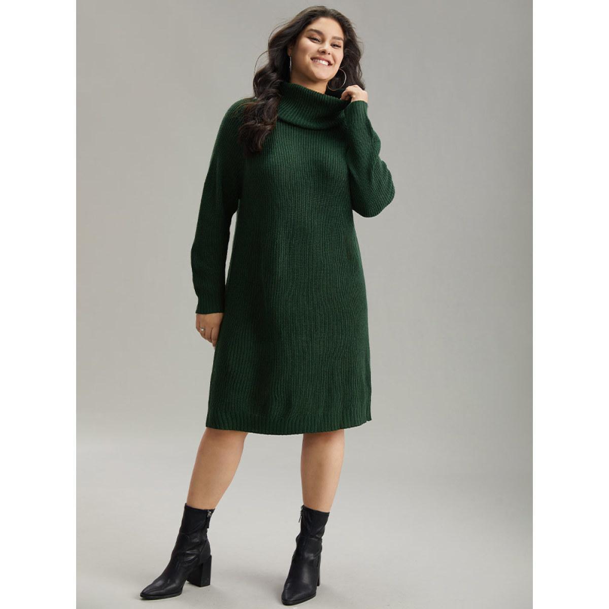 Plus Size Solid Plisse Turtle Neck Knee Sweater Dress DarkGreen Women Casual Loose Long Sleeve Festival-Christmas Sweater Dresses BloomChic 30/6X Product Image